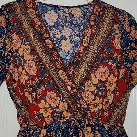 Womens Red Blue Bohemian, Boho Floral Print Short Dress -  NEW - NWOT - Picture 4 of 6